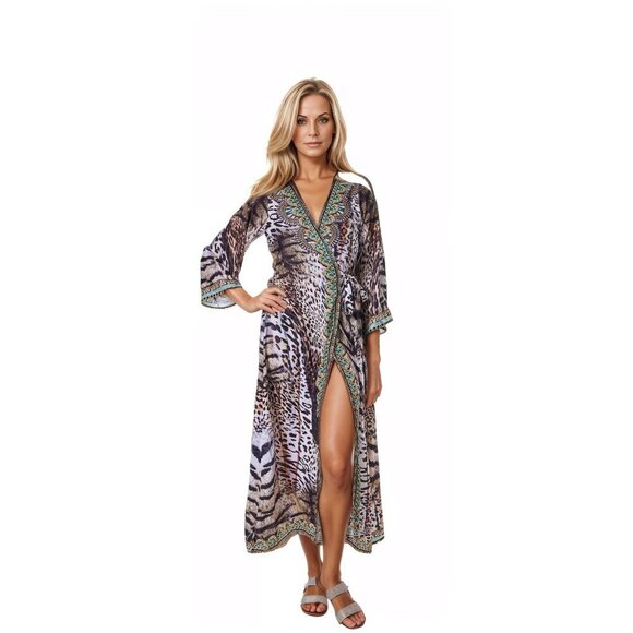 Chia Multi Animal Print Embellished Wrap Kimono Cover Up - One Size Fits All - Picture 2 of 6